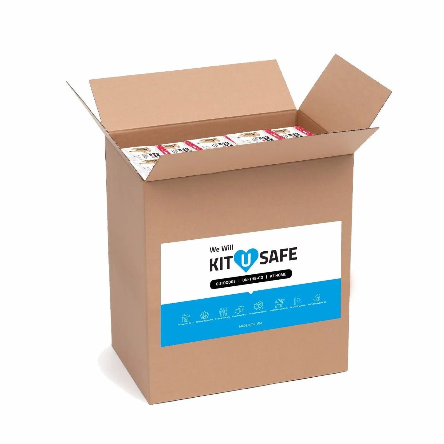 Case of 100 Red Dog Walking Kits packaging with dog illustration and travel-friendly design