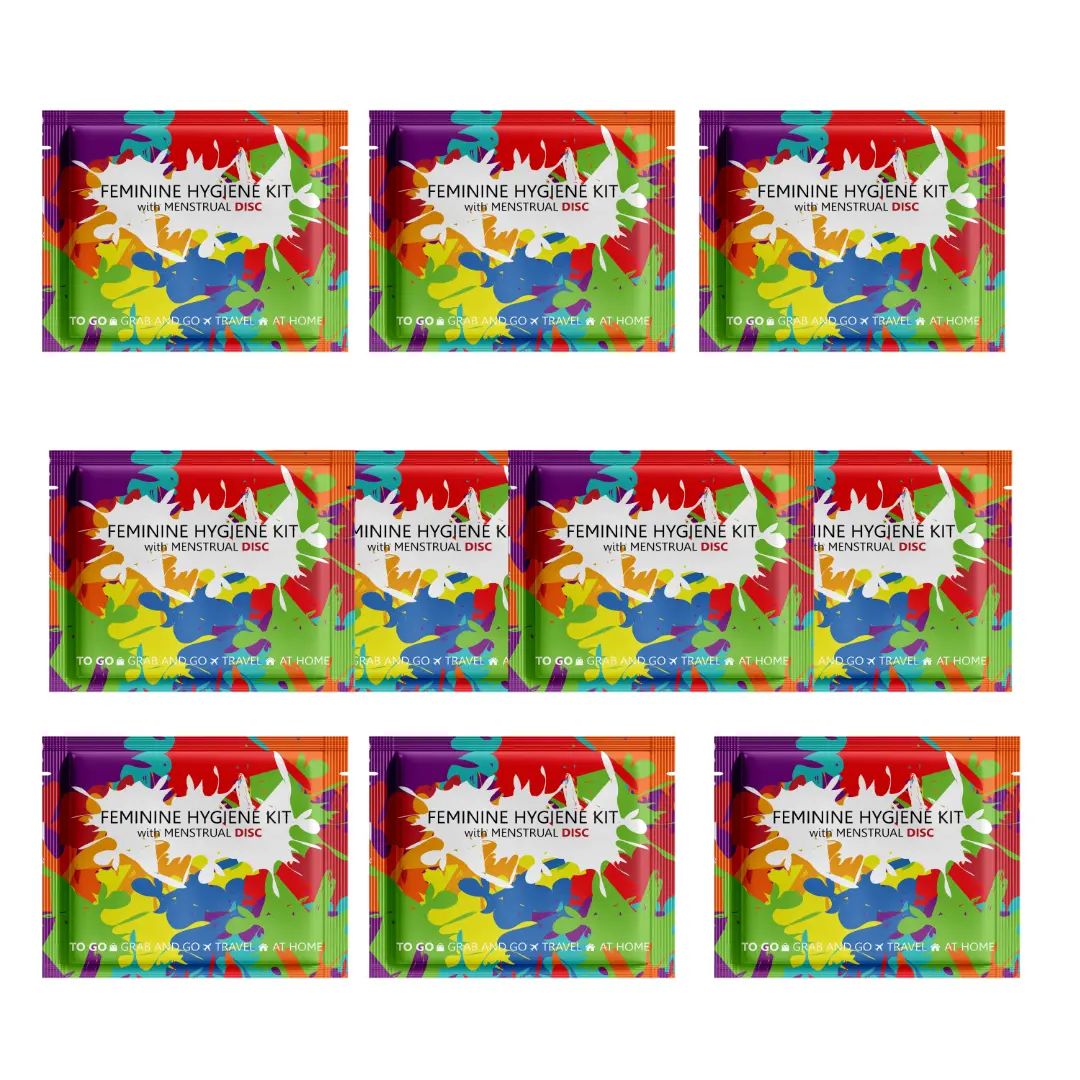 Ten Menstrual Disc Kit packages with bold purple checkered design labeled Feminine Hygiene Kit with Menstrual Disc.