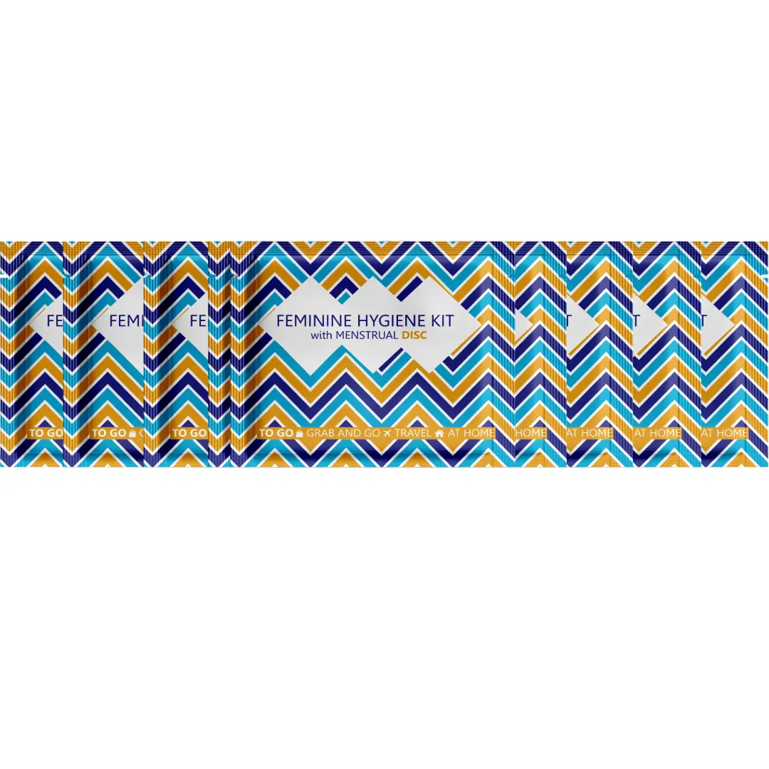 Five Menstrual Disc Kit packages with bold purple checkered design labeled Feminine Hygiene Kit with Menstrual Disc.