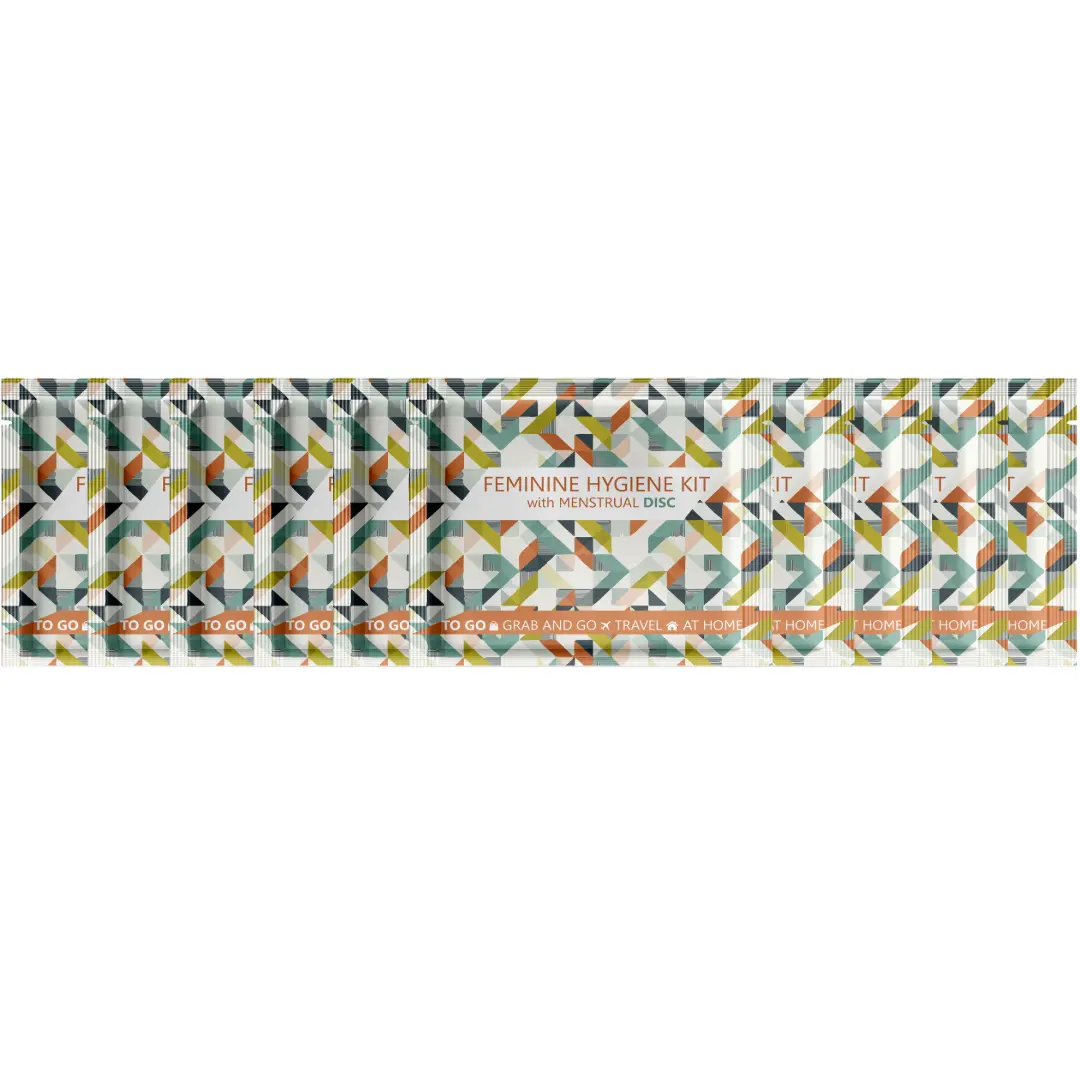 Ten Feminine Hygiene Kit with Menstrual Disc in an individual, grab and go travel packet.