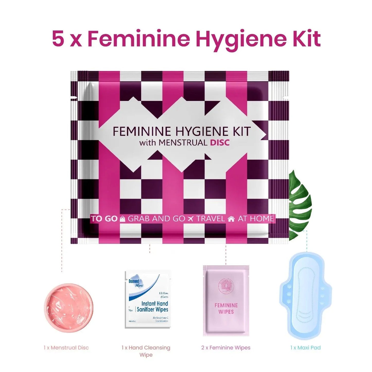 Contents of the Menstrual Disc Kit shown—menstrual disc, sanitary pad, feminine wipes, and alcohol hand wipe.