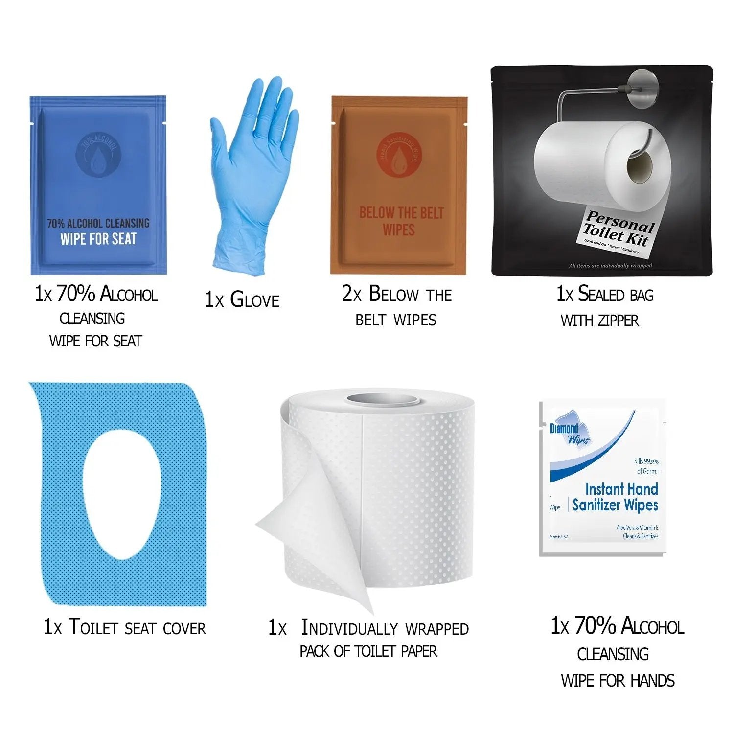 Contents of the Black and White Toilet Kit including gloves, wipes, toilet seat cover, and individually wrapped toilet paper – all neatly displayed for travel hygiene.