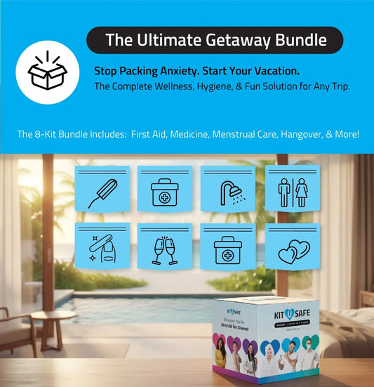 Kit U Safe Ultimate Getaway Bundle promotional image. A Kit U Safe box sits on a resort table overlooking a tropical pool. The banner reads ‘The Ultimate Getaway Bundle – Stop Packing Anxiety. Start Your Vacation.’ Subtext highlights it as a complete wellness, hygiene, and fun solution for any trip. Icons represent included kits: menstrual care, first aid, shower, toilet, manicure, hangover, medicine, and intimacy essentials.