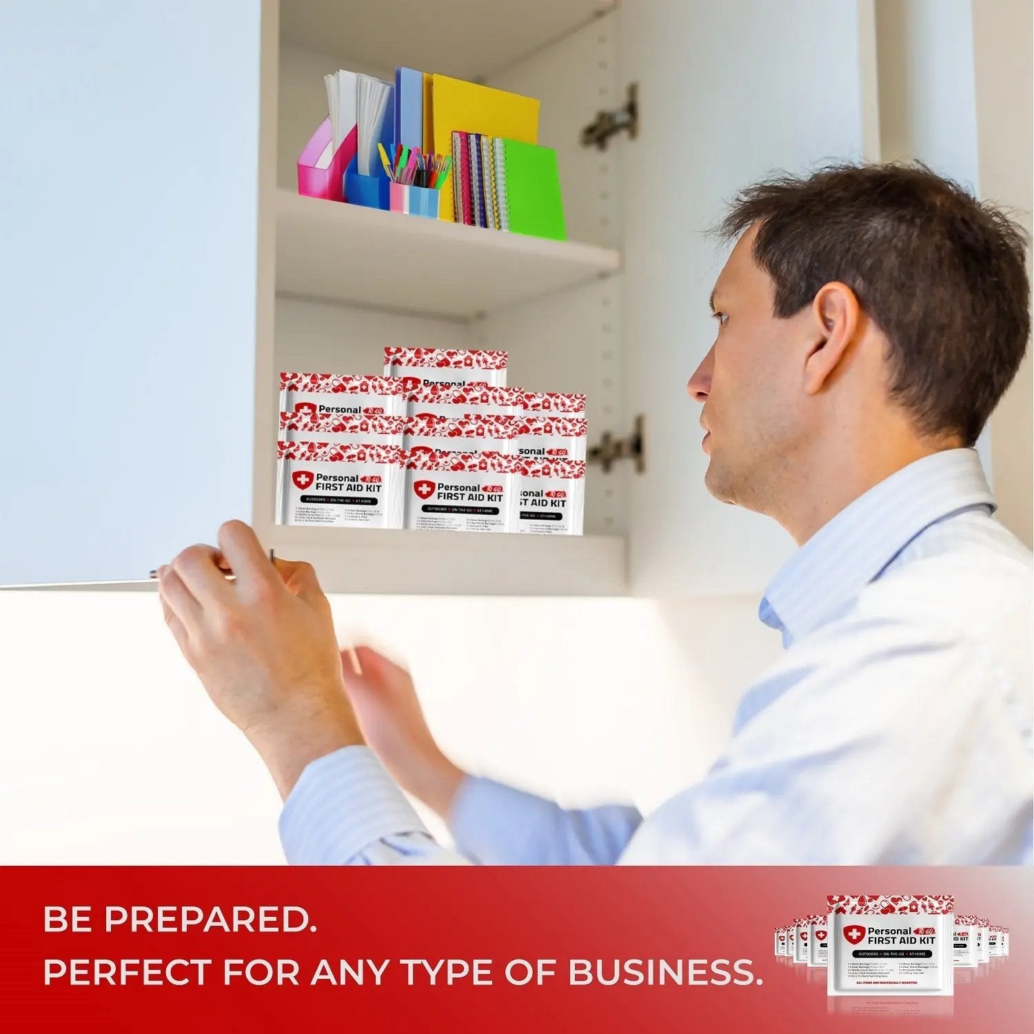 Office worker storing multiple Abstract Mini First Aid Kits in a cabinet, ideal for workplaces and businesses.