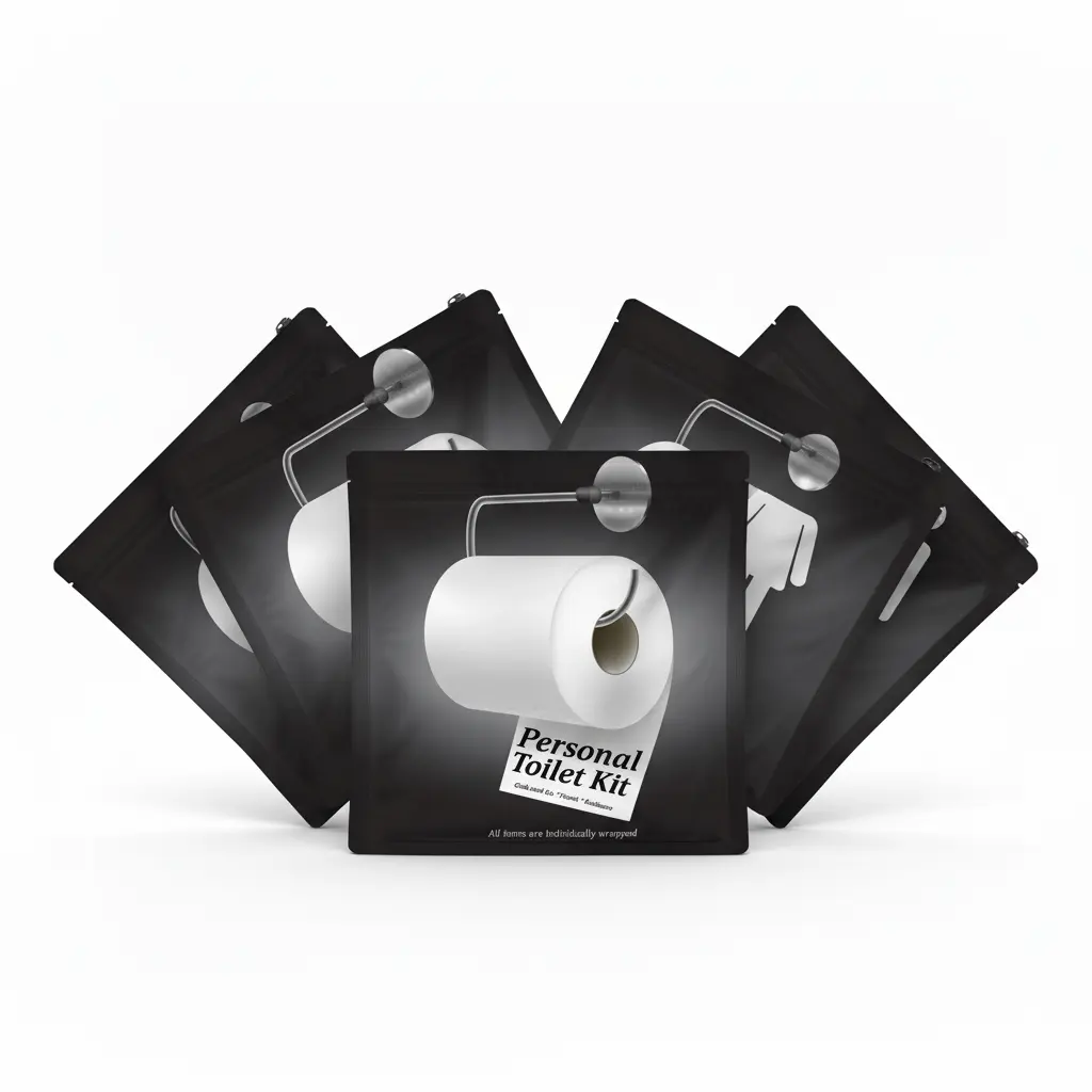 Five Black and White Personal Toilet Kits with sleek modern design featuring a toilet paper roll graphic and labeled ‘Grab and Go • Travel • Outdoors.’ Compact, resealable hygiene kit for clean restroom use anywhere.