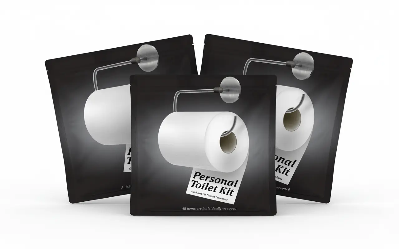 Three Black and White Personal Toilet Kits with sleek modern design featuring a toilet paper roll graphic and labeled ‘Grab and Go • Travel • Outdoors.’ Compact, resealable hygiene kit for clean restroom use anywhere.