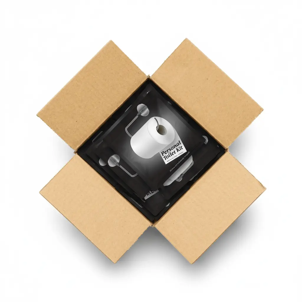 Case of Black and White Personal Toilet Kits with sleek modern design featuring a toilet paper roll graphic and labeled ‘Grab and Go • Travel • Outdoors.’ Compact, resealable hygiene kit for clean restroom use anywhere.