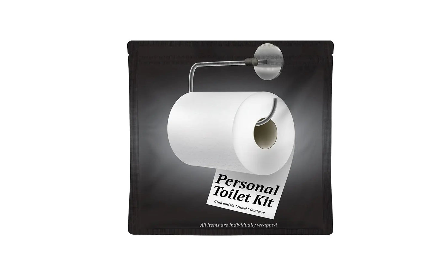 Black and White Personal Toilet Kit with sleek modern design featuring a toilet paper roll graphic and labeled ‘Grab and Go • Travel • Outdoors.’ Compact, resealable hygiene kit for clean restroom use anywhere.