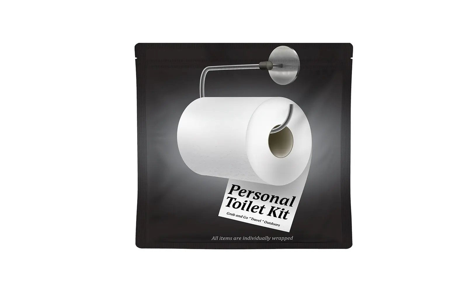 Black and White Personal Toilet Kit with sleek modern design featuring a toilet paper roll graphic and labeled ‘Grab and Go • Travel • Outdoors.’ Compact, resealable hygiene kit for clean restroom use anywhere.