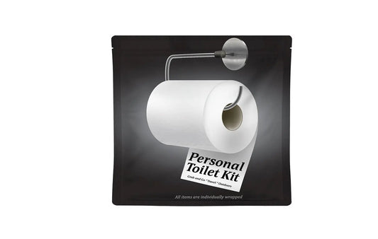 Black and White Personal Toilet Kit with sleek modern design featuring a toilet paper roll graphic and labeled ‘Grab and Go • Travel • Outdoors.’ Compact, resealable hygiene kit for clean restroom use anywhere.
