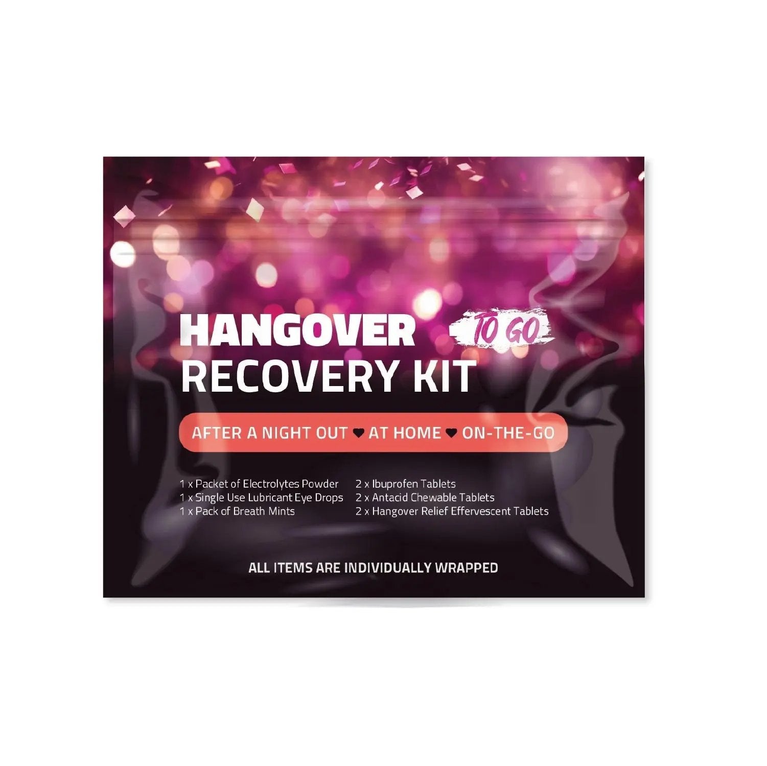 Front view of the Hangover Kit To Go showing vibrant pink and purple packaging with “After a Night Out, At Home, On-the-Go” text — includes relief and recovery essentials.