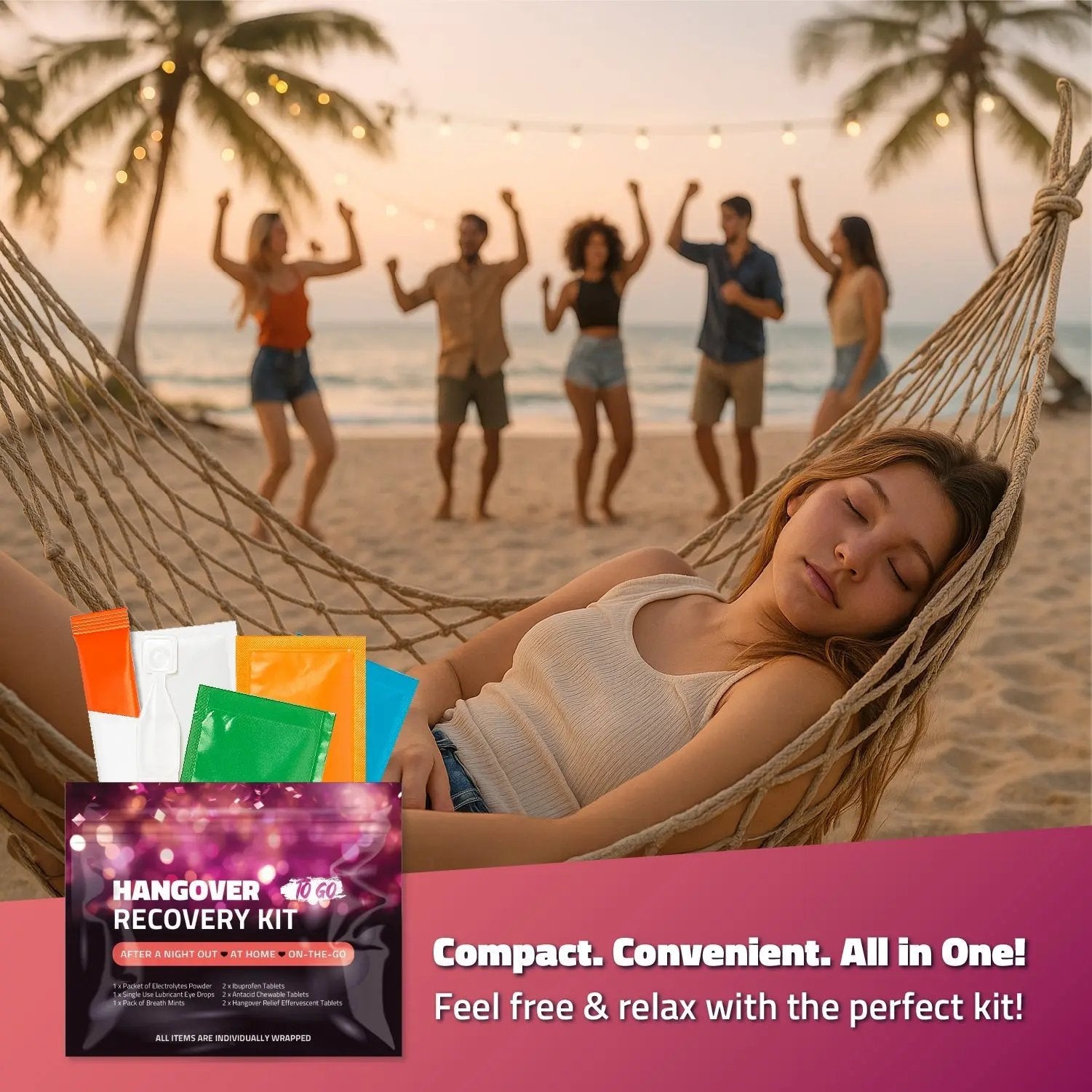 Person resting in a hammock by the beach after a night out, with Hangover Kit To Go displayed — compact relief kit for post-party relaxation.