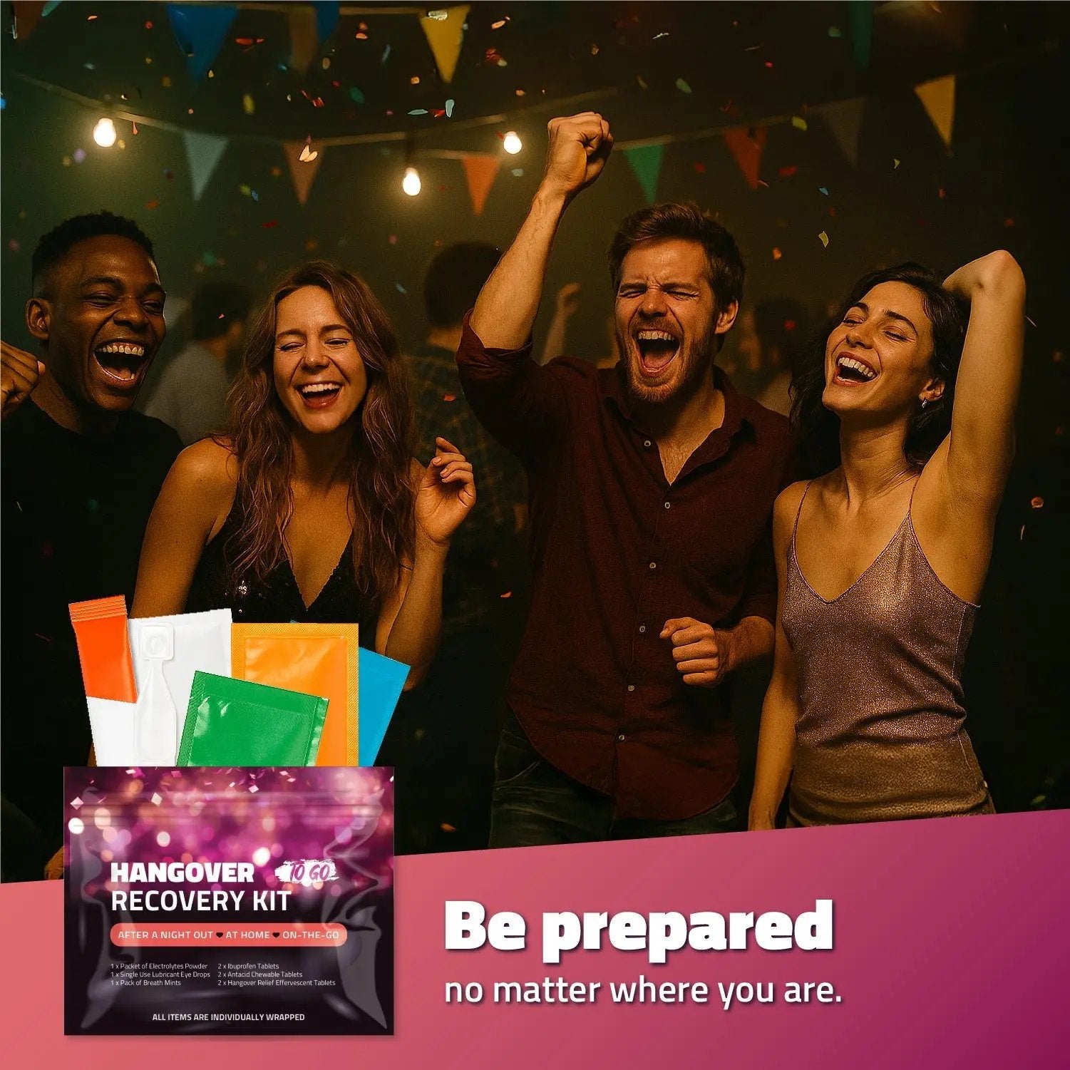 Group of friends celebrating at a party with confetti and lights, featuring the Hangover Kit To Go for post-event recovery.