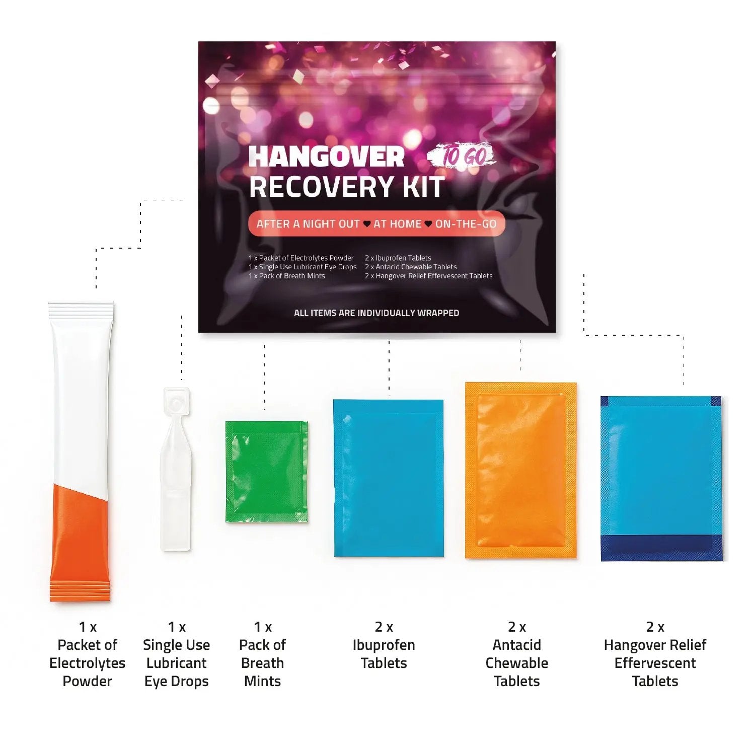 Flat lay of Hangover Kit contents including electrolytes powder, eye drops, mints, ibuprofen, antacid, and effervescent tablets — all individually wrapped.