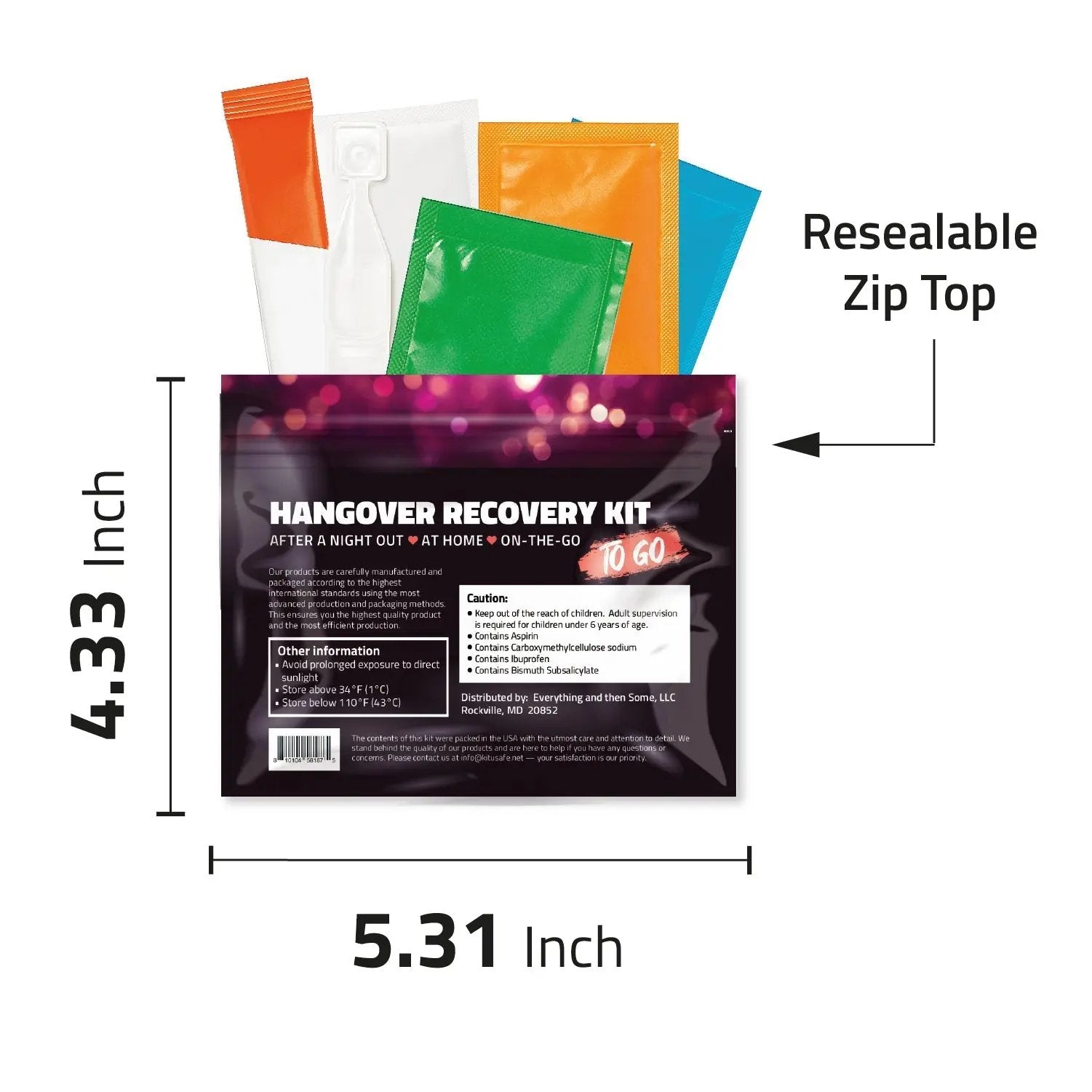 Back of Hangover Kit To Go package with resealable zip top and measurements (5.31 x 4.33 inches) shown for compact travel storage.