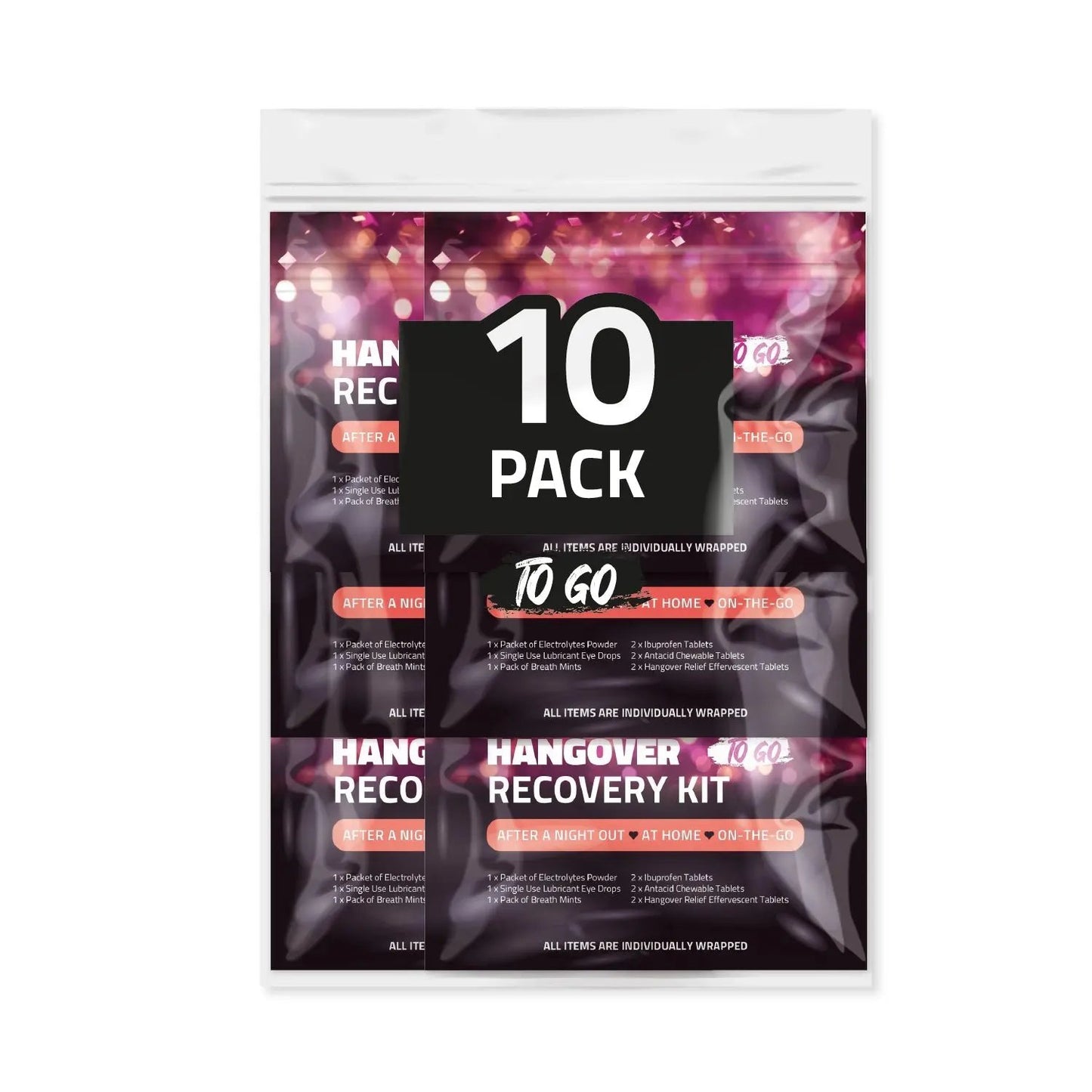 Set of ten Hangover Kits To Go in retail packaging — compact, convenient, and perfect for group events or party favors.