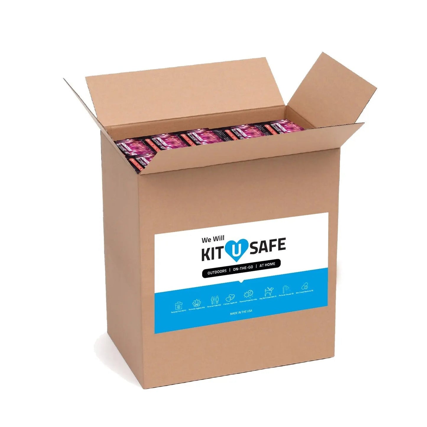 Open shipping box filled with multiple Hangover Kits, ideal for hotels, event planners, or bulk recovery giveaways.
