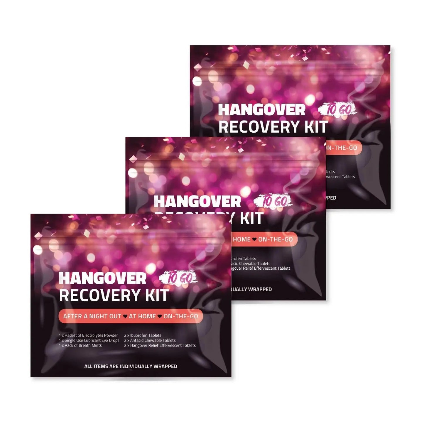 Three Hangover Kits displayed side by side, showing the portable, travel-ready design with purple festive packaging for recovery on the go.