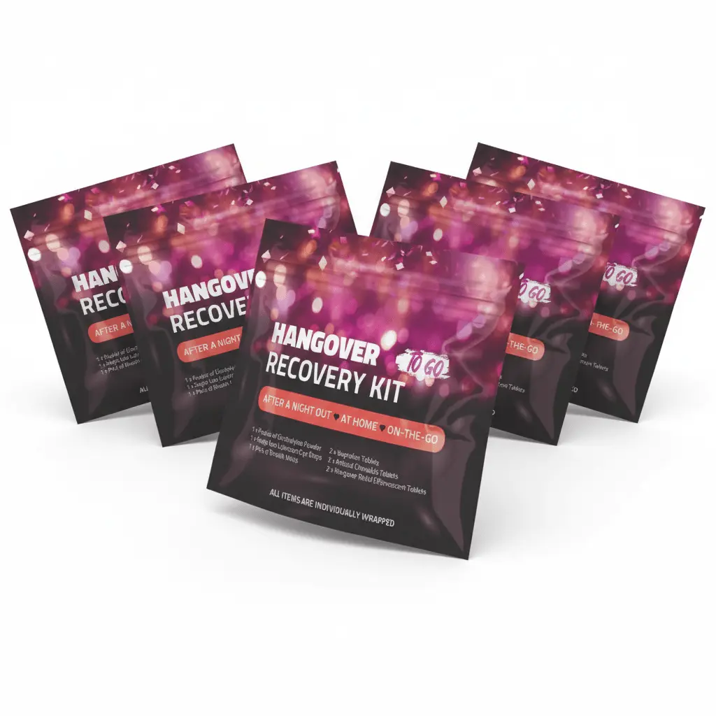 Five Hangover Kits displayed side by side, showing the portable, travel-ready design with purple festive packaging for recovery on the go.