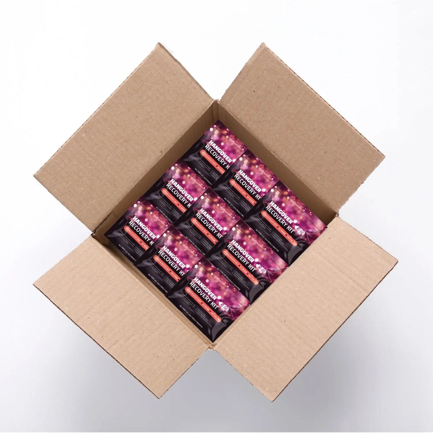 Case of Hangover Kits To Go in retail packaging — compact, convenient, and perfect for group events or party favors.