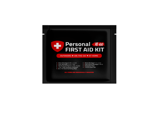 Black Mini First Aid Kit with essential bandages, wipes, and ointments in a resealable black travel pouch.
