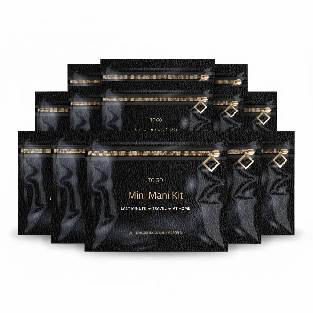 Ten-pack of Black Mini Manicure Kits showing elegant matte black design — great for group events, resale, or travel bundles.