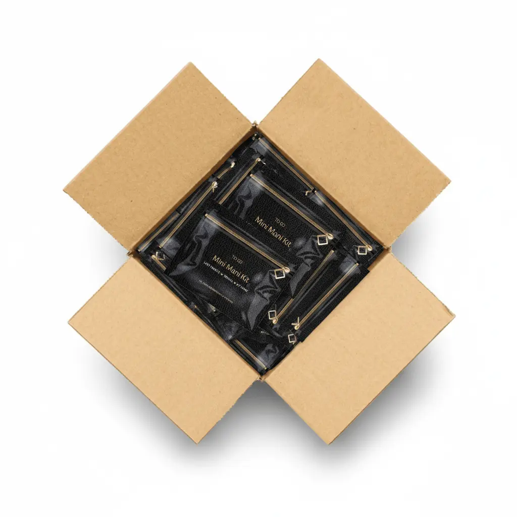 Case of Black Mini Manicure Kits showing elegant matte black design — great for group events, resale, or travel bundles.