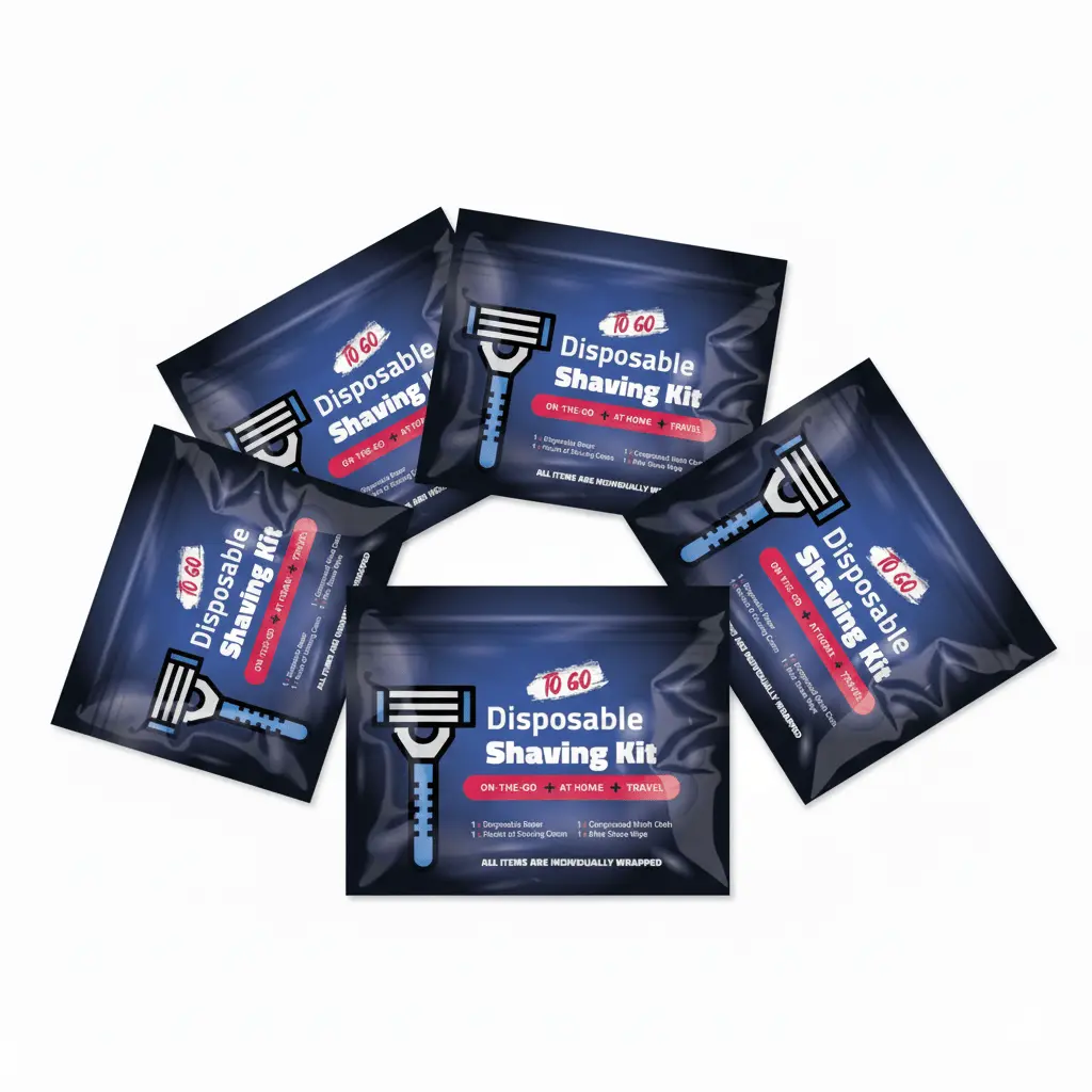 Five Black Shaving Kits packaging with razor graphic and travel-friendly design