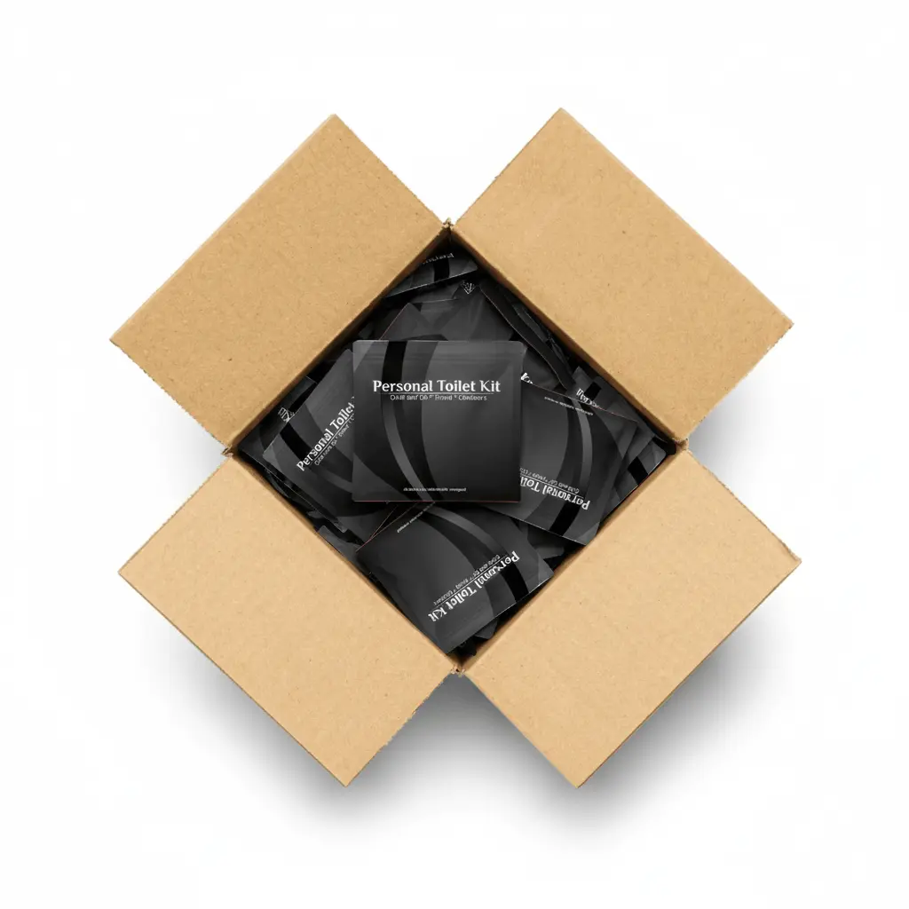 Case of Black Personal Toilet Kits pouch with sleek modern design and white lettering that reads ‘Personal Toilet Kit – Grab and Go, Travel, Outdoors.’ All items are individually wrapped inside.