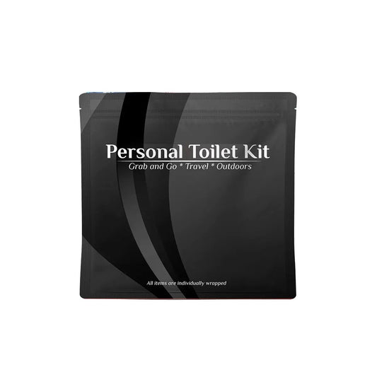 Black Personal Toilet Kit pouch with sleek modern design and white lettering that reads ‘Personal Toilet Kit – Grab and Go, Travel, Outdoors.’ All items are individually wrapped inside.