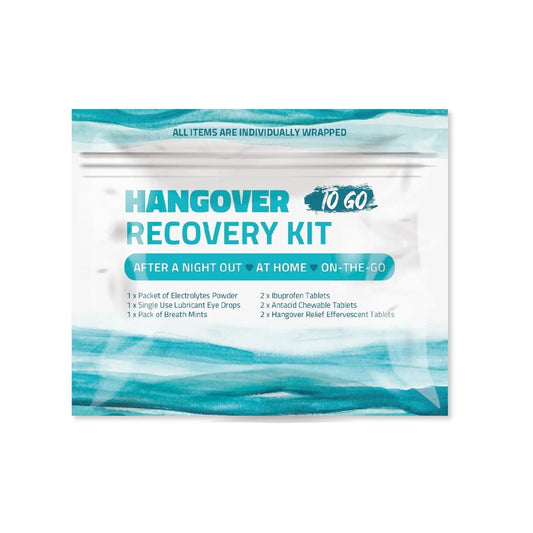 Front view of the Blue Hangover Recovery Kit bag labeled “To Go,” featuring travel-size essentials for after a night out.