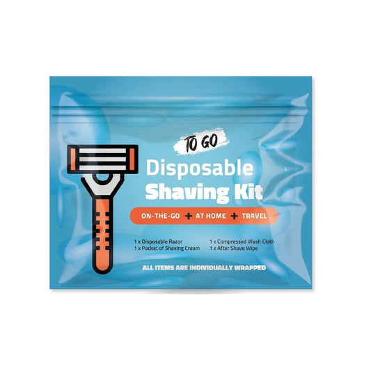 Blue Shaving Kit packaging with razor graphic and travel-friendly design