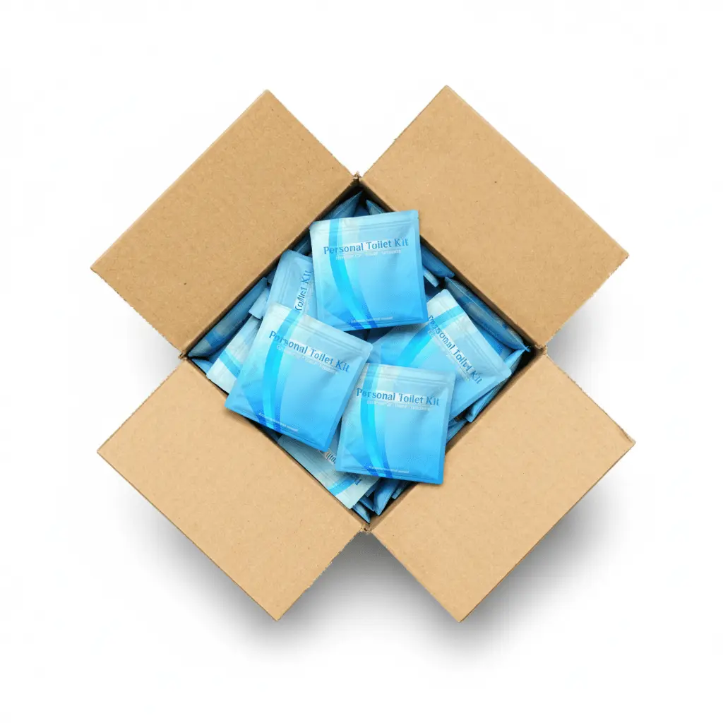 Case of Blue Toilet Kits with sleek blue gradient packaging, labeled ‘Personal Toilet Kit – Grab and Go, Travel, Outdoors,’ highlighting its compact and hygienic design.