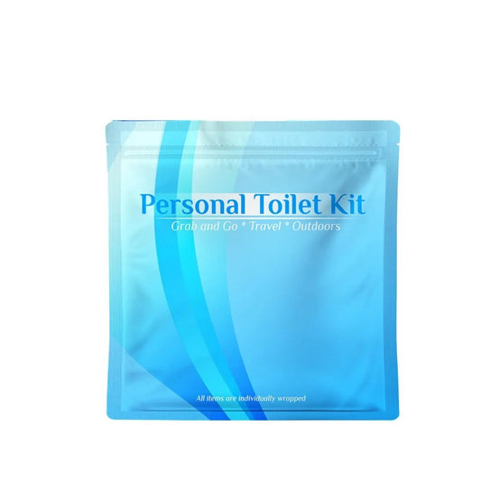 Front view of the Blue Toilet Kit with sleek blue gradient packaging, labeled ‘Personal Toilet Kit – Grab and Go, Travel, Outdoors,’ highlighting its compact and hygienic design.