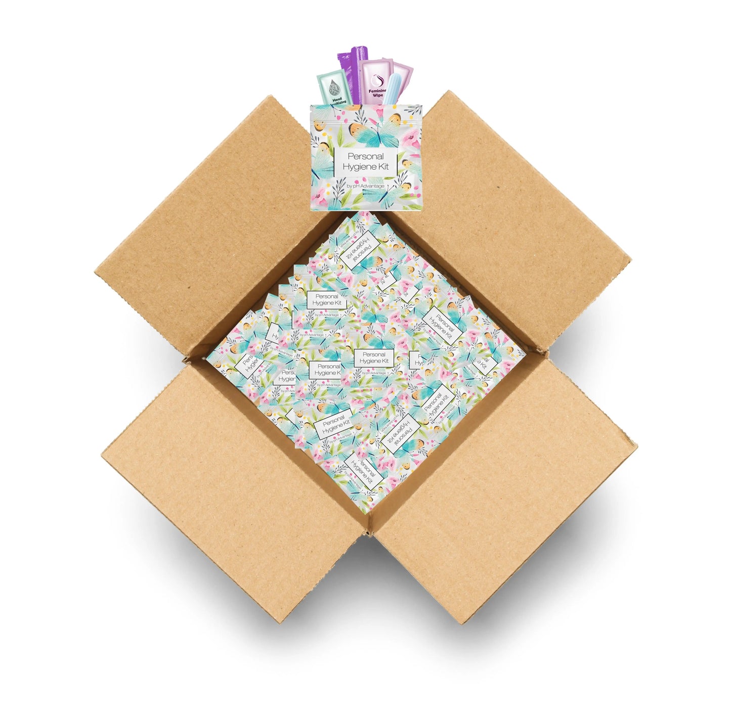 Case of Feminine Hygiene Kits package with butterfly design containing period care essentials.