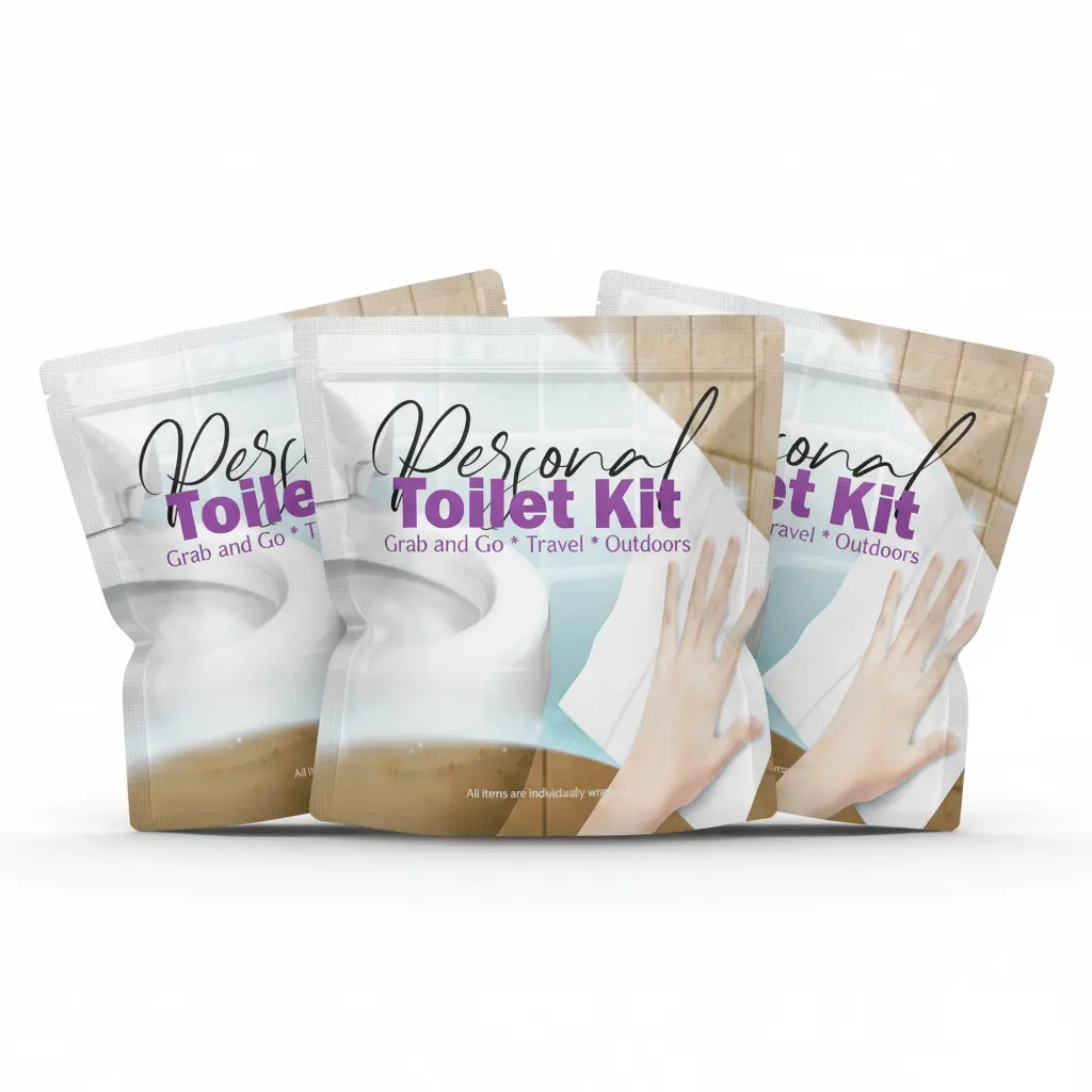 Three Clean Wipe Toilet Kits in sleek packaging featuring a modern bathroom background and a hand reaching for a cleansing wipe – designed for travel, work, or outdoor restroom hygiene.