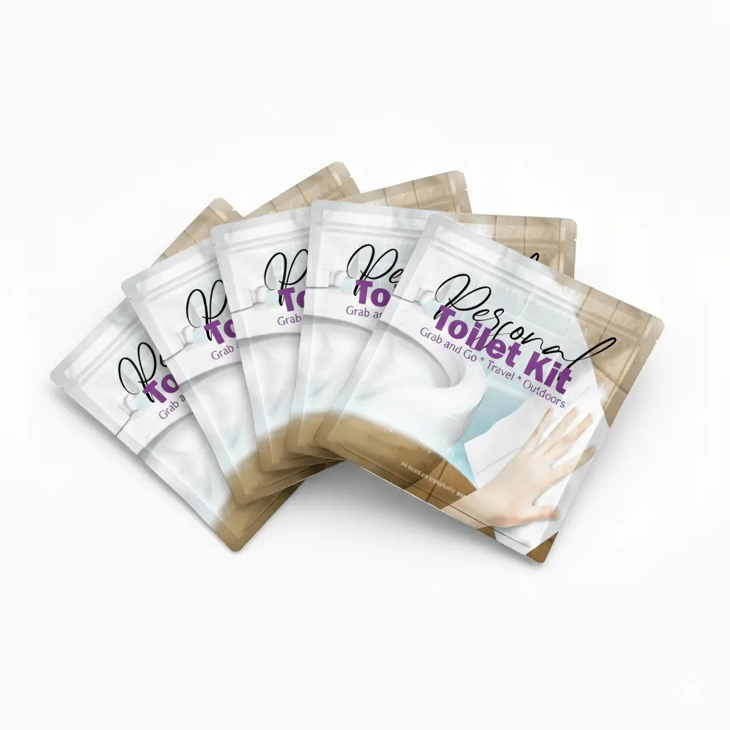 Five Clean Wipe Toilet Kits in sleek packaging featuring a modern bathroom background and a hand reaching for a cleansing wipe – designed for travel, work, or outdoor restroom hygiene.