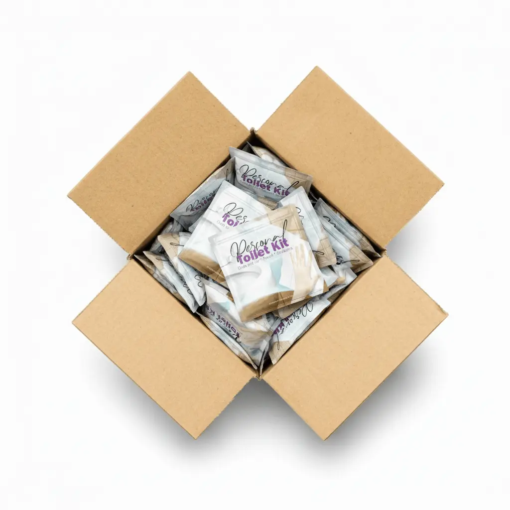 Case of Clean Wipe Toilet Kits in sleek packaging featuring a modern bathroom background and a hand reaching for a cleansing wipe – designed for travel, work, or outdoor restroom hygiene.
