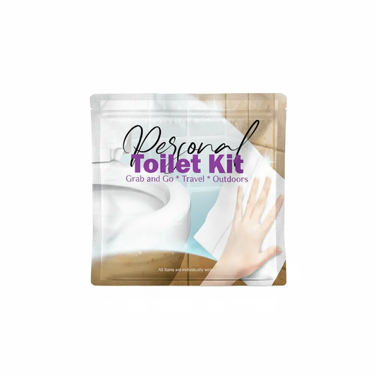 Clean Wipe Toilet Kit in sleek packaging featuring a modern bathroom background and a hand reaching for a cleansing wipe – designed for travel, work, or outdoor restroom hygiene.