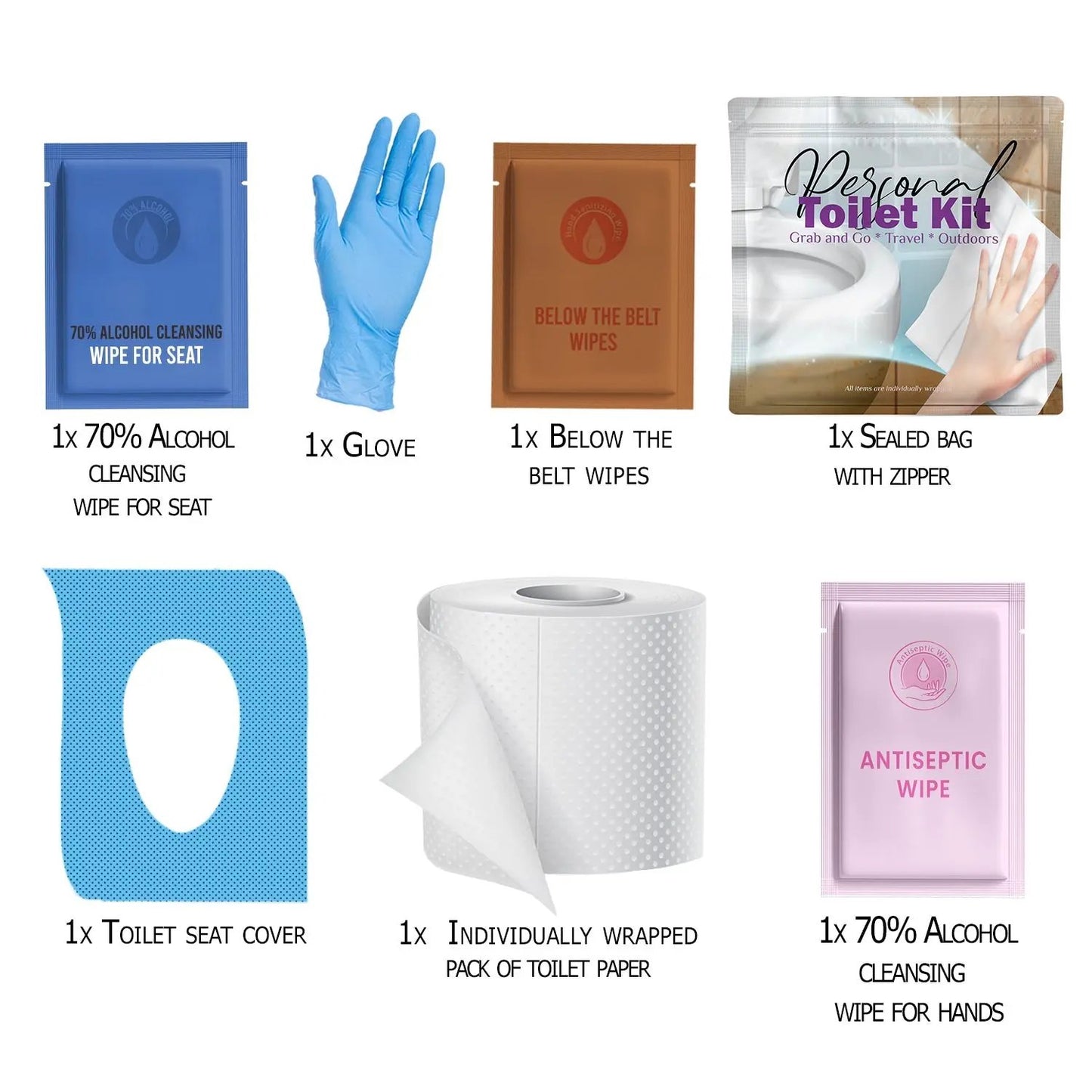 Contents of the Clean Wipe Toilet Kit including gloves, wipes, toilet seat cover, and individually wrapped toilet paper – all neatly displayed for travel hygiene.