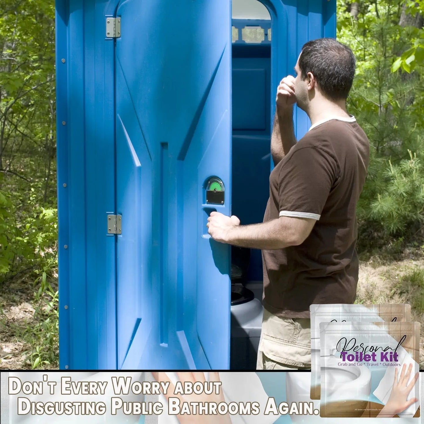 Man hesitating to enter a portable restroom, highlighting the importance of carrying the Clean Wipe Toilet Kit for a clean experience.