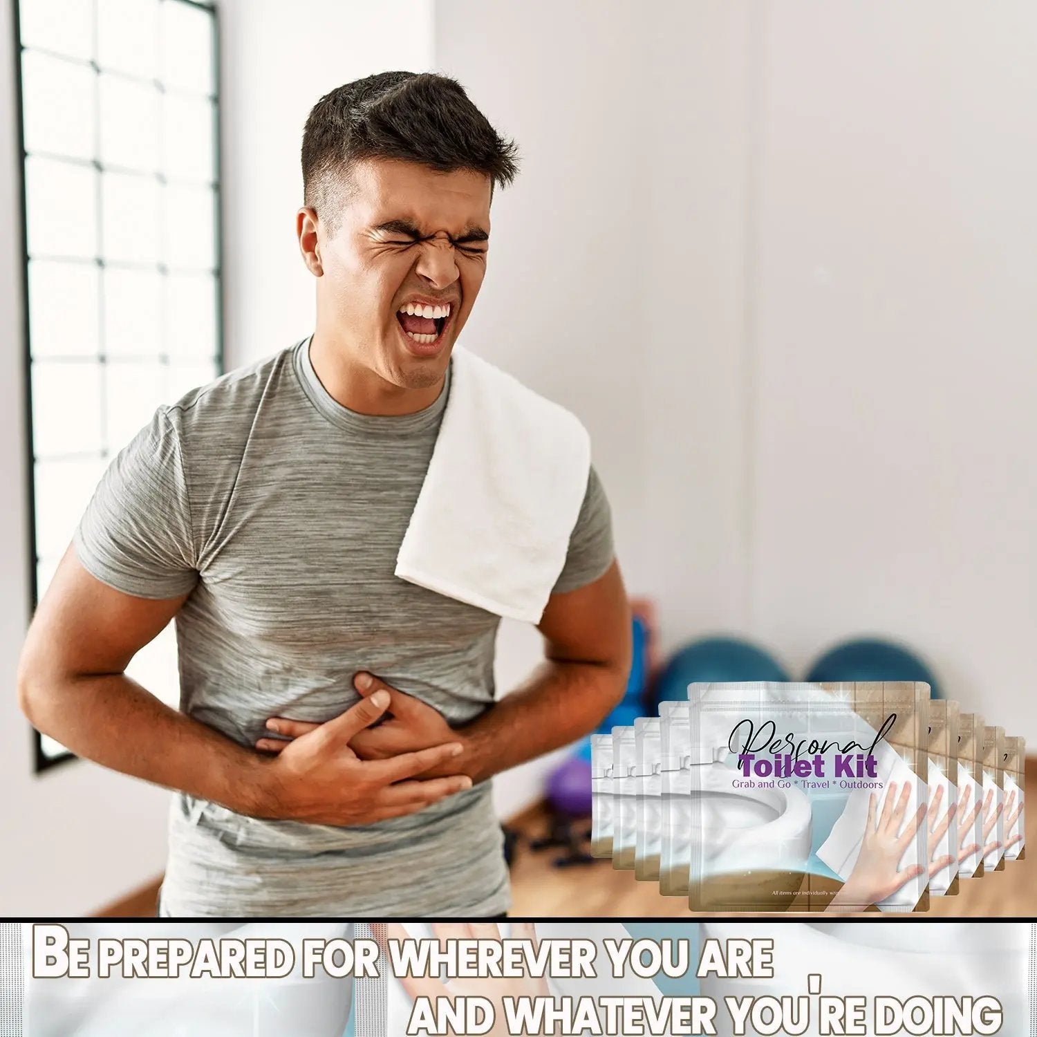 Man experiencing stomach discomfort with a row of Clean Wipe Toilet Kits beside him, emphasizing being prepared for any bathroom emergency.