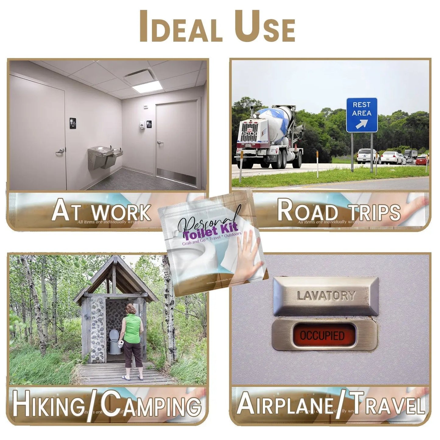 Collage showing ideal uses of the Clean Wipe Toilet Kit at work, on road trips, hiking, camping, and airplane travel for hygienic convenience anywhere.