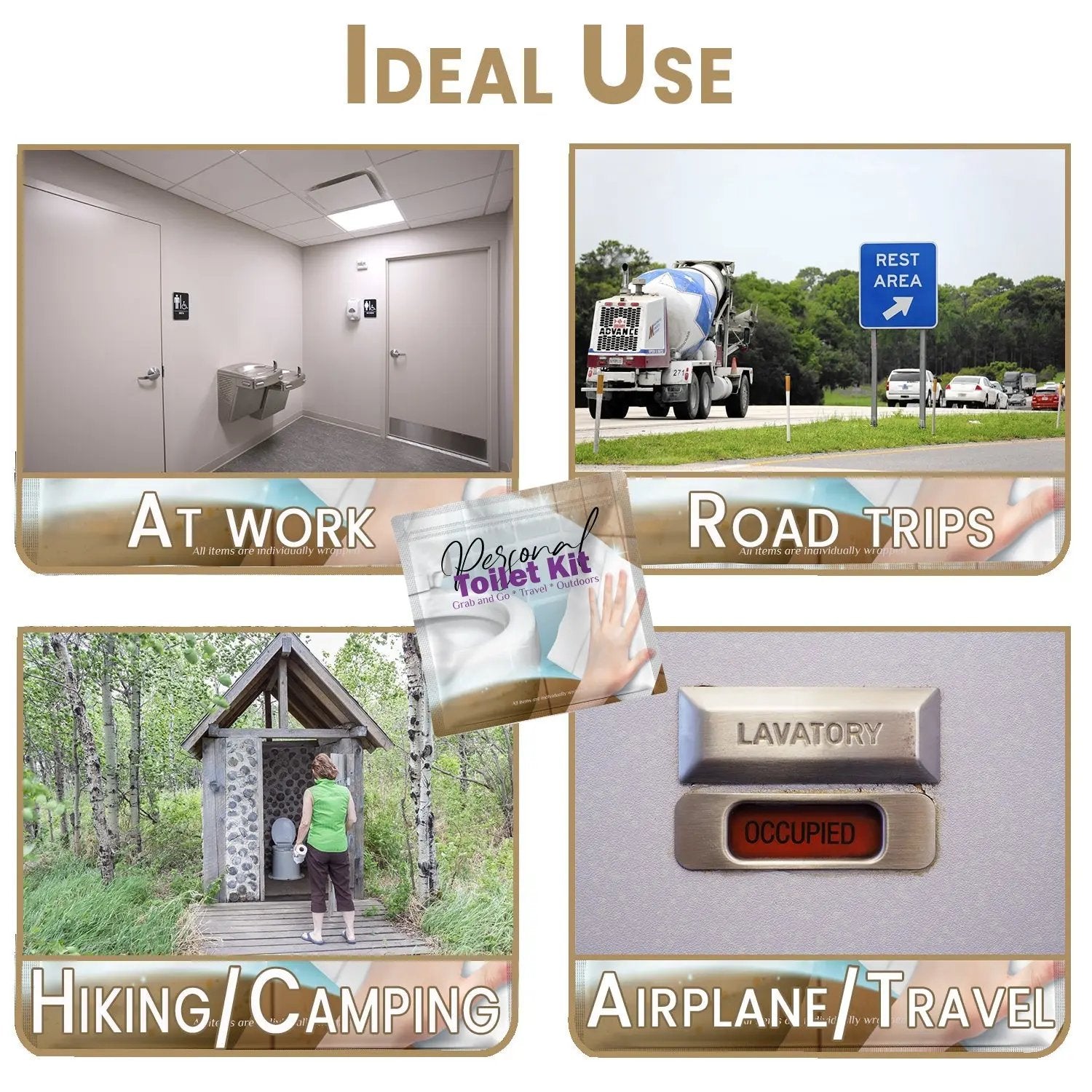Collage showing ideal uses of the Clean Wipe Toilet Kit at work, on road trips, hiking, camping, and airplane travel for hygienic convenience anywhere.