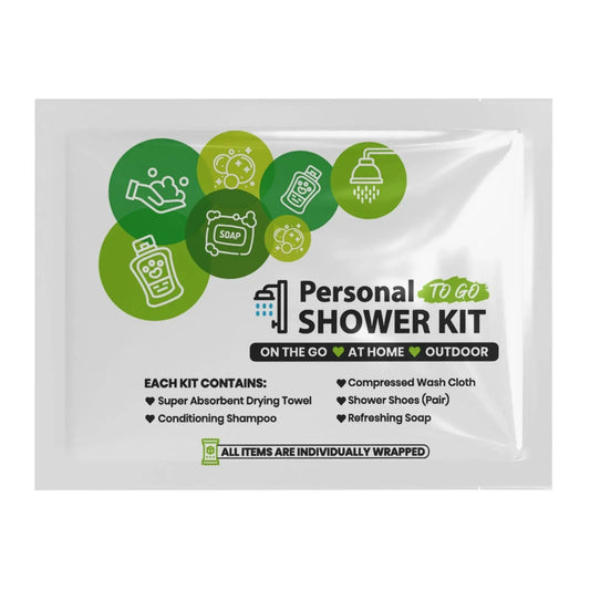 Green Shower Kit with shampoo, soap, towel, wash cloth, and shower shoes in resealable bag