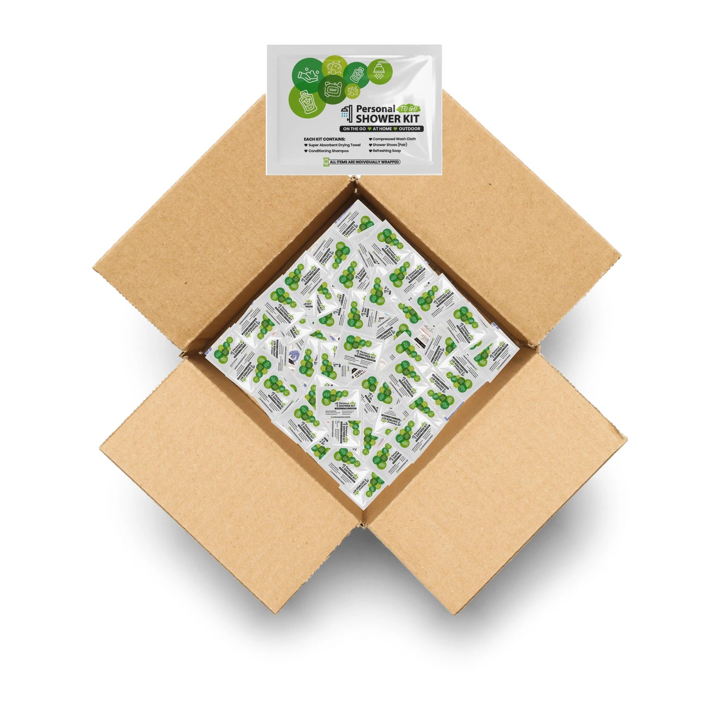 Case of Green Shower Kits with shampoo, soap, towel, wash cloth, and shower shoes in resealable bag