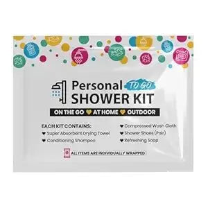 Multi-Color Shower Kit with shampoo, soap, towel, wash cloth, and shower shoes in resealable bag
