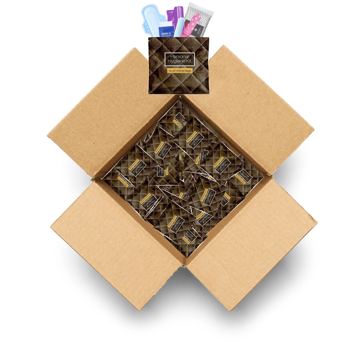 Case of Dark Leather Feminine Hygiene Kits by pH Advantage, featuring pad, tampon, feminine wipes, hand sanitizing wipe, and resealable brown quilted pouch.