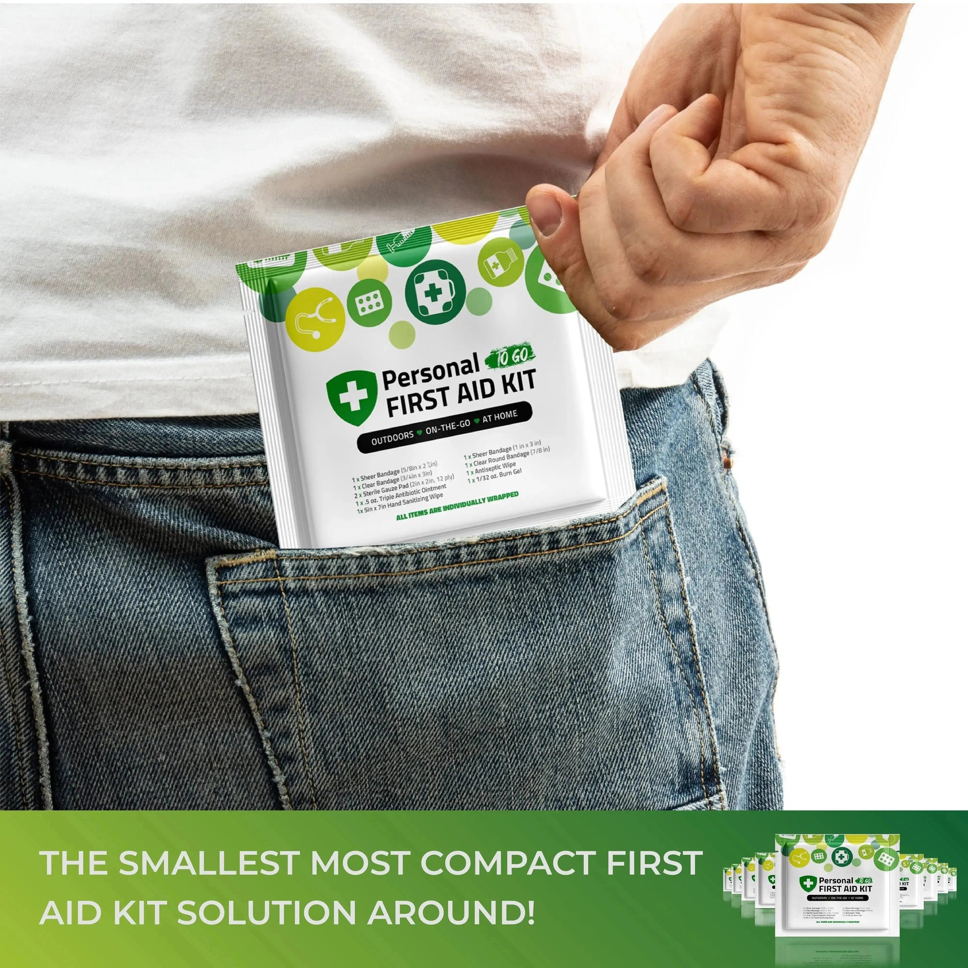 Compact Green Mini First Aid Kit fitting easily into a jeans pocket, promoting portable first aid convenience.