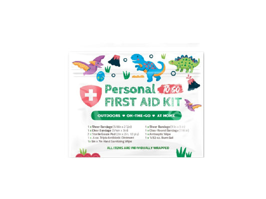 Dinosaurs Mini First Aid Kit featuring colorful dinosaur illustrations on a compact, resealable travel pouch for kids and families.